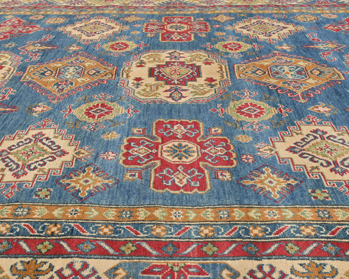 8x10 Blue Kuba Afghan Hand Knotted Wool Area Rug